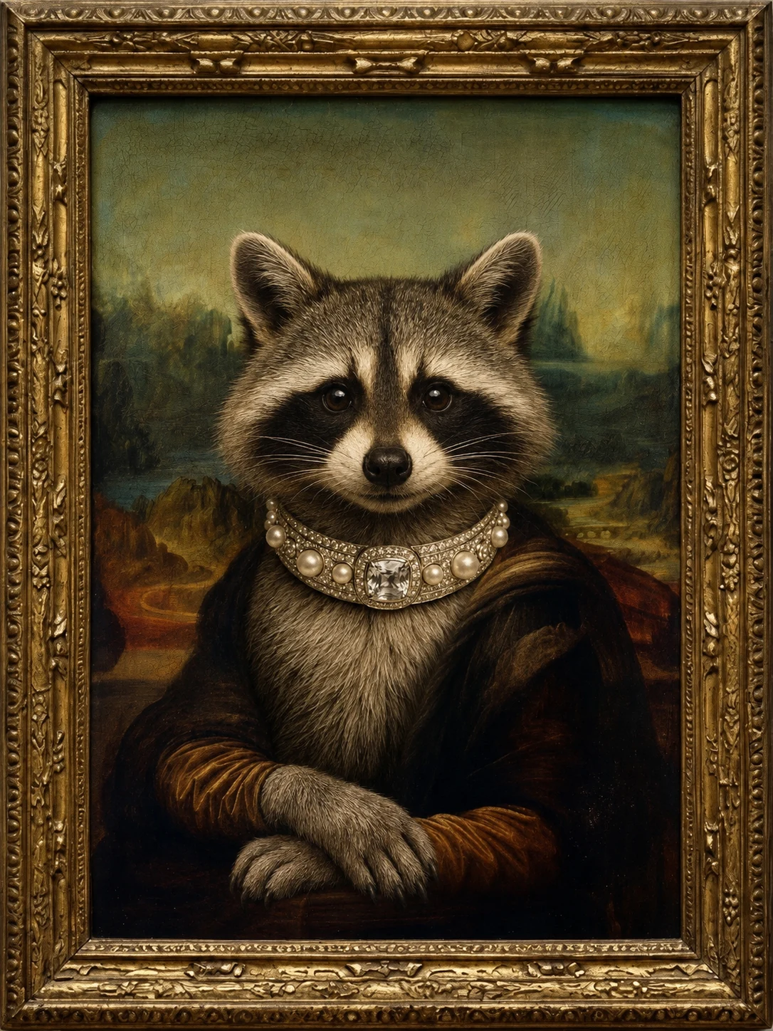 Raccoon in an ornate Renaissance portrait