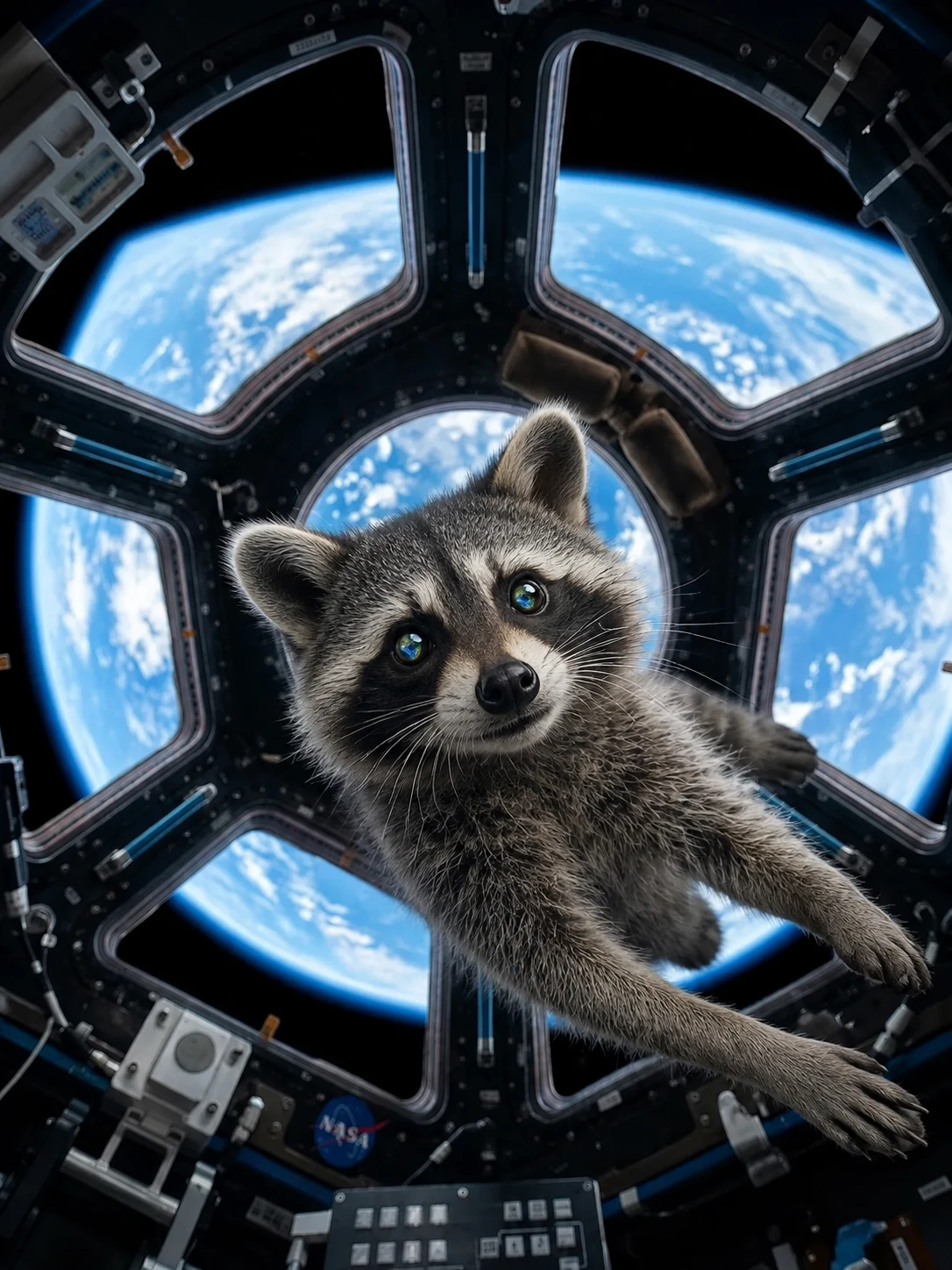 Raccoon floating above Earth in zero gravity