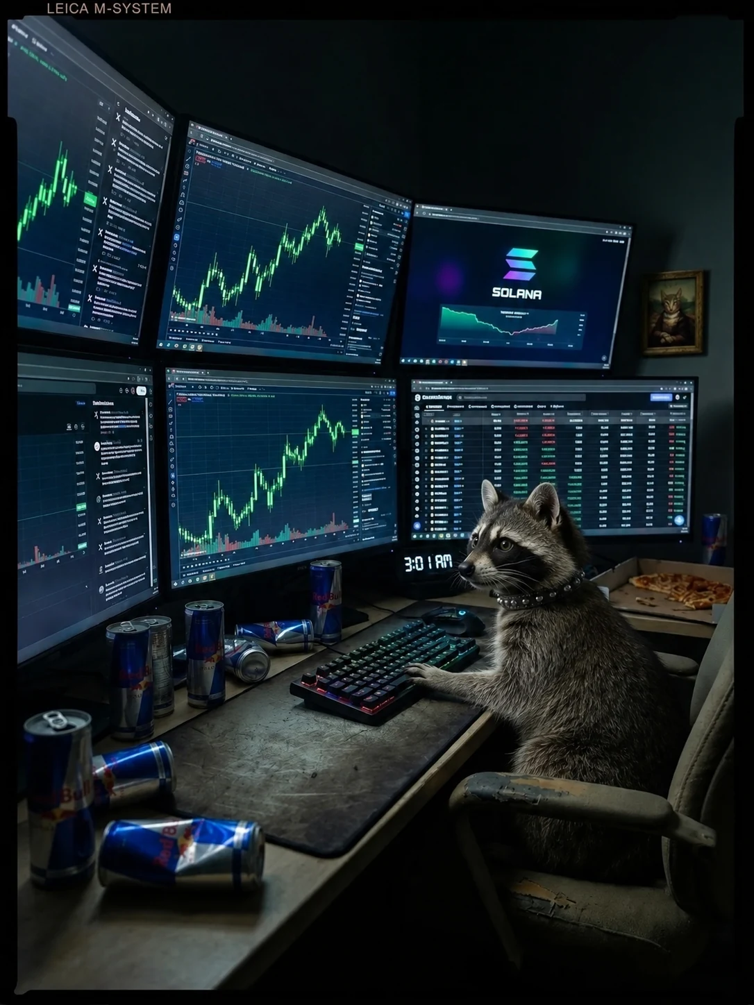 Raccoon trading cryptocurrency at night